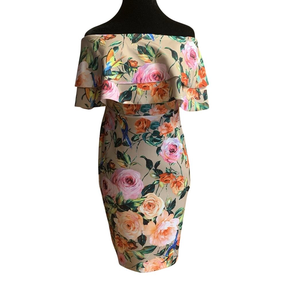 Alexia Admor Off Shoulder Dress Size 4 Womens Multi Color Floral Design Ruffle